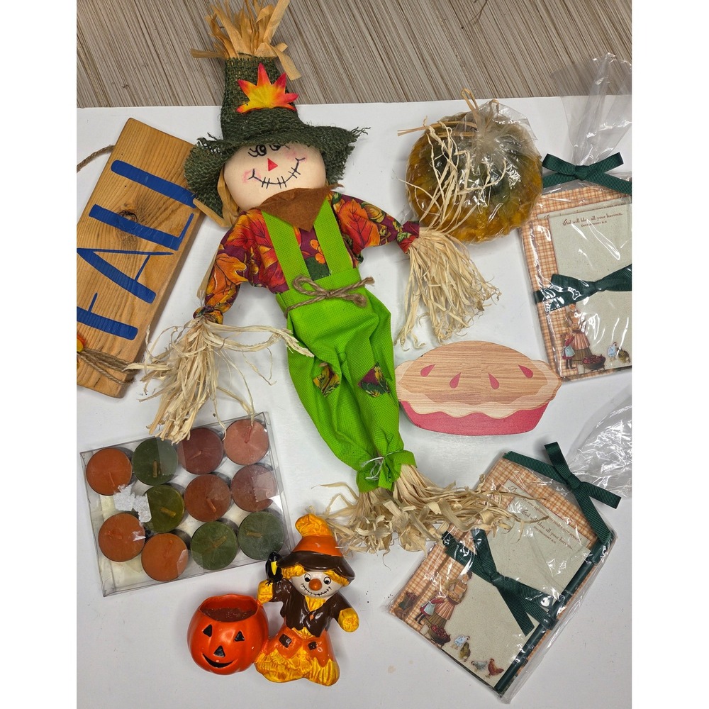 Fall Harvest Decor Bundle Scarecrow Figurine Wooden Sign Pie Candle Notepads Set